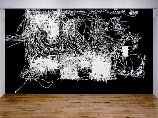 Morgan O'Hara,<em> Painter at Work,</em> 2011
<span>site specific wall drawing with flat black acrylic pain on white walls, 9 x 16 feet </span>